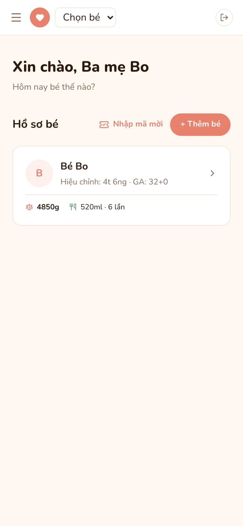 Trang chủ hiển thị thẻ hồ sơ bé với tuổi hiệu chỉnh và chỉ số mới nhất