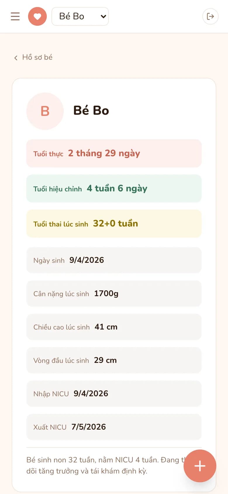 Thẻ hồ sơ bé với tuổi thực, tuổi hiệu chỉnh và tuổi thai