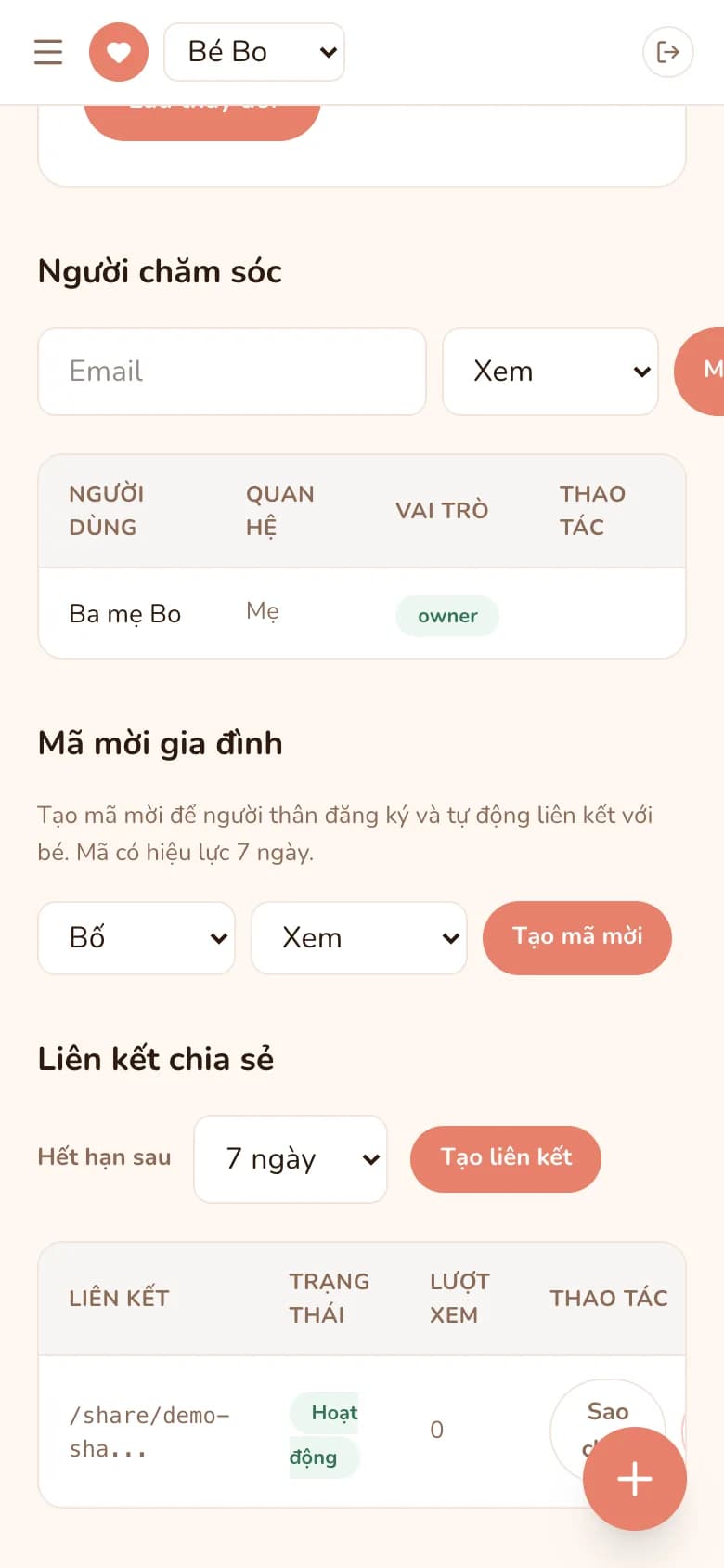 Trang Cài đặt bé: người chăm sóc, mã mời và liên kết chia sẻ