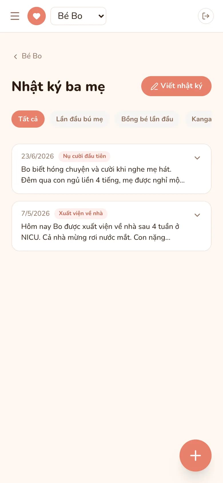 Timeline nhật ký ba mẹ với các cột mốc